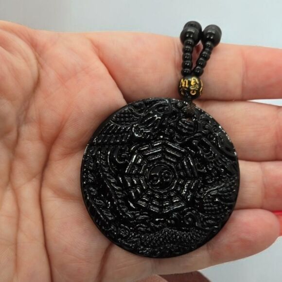 Unique Glass Black Obsidian Dragon and Phoenix Pendant Necklace Good Luck Charm - Picture 4 of 7